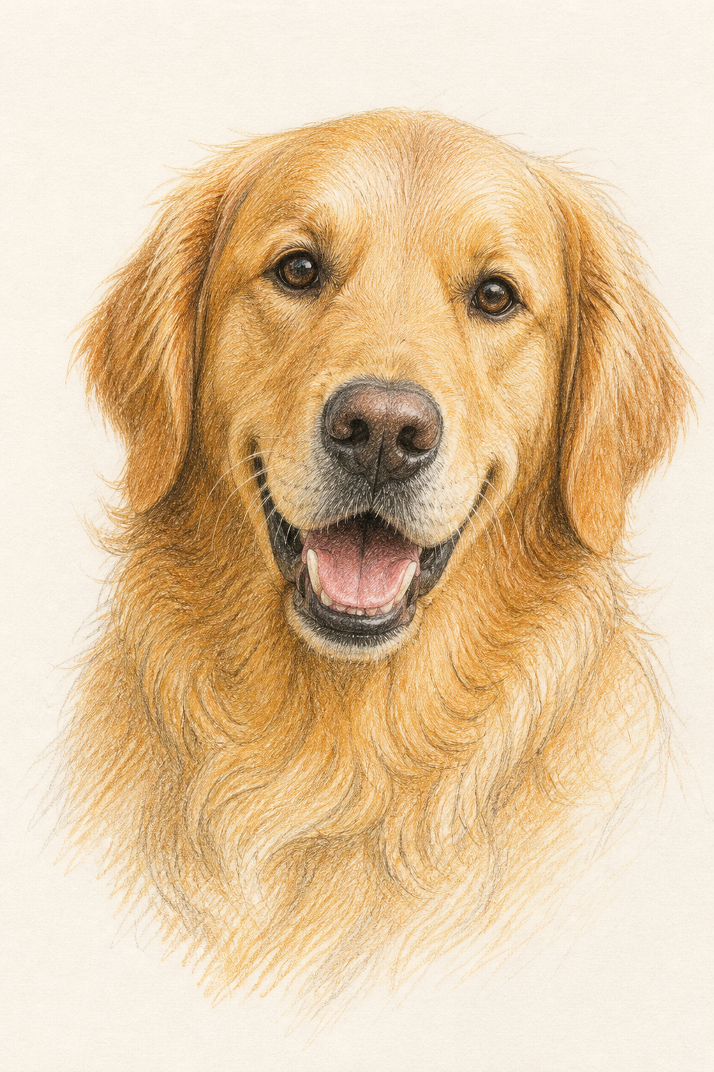 Representative colour-pencil-style portrait of a golden retriever on white