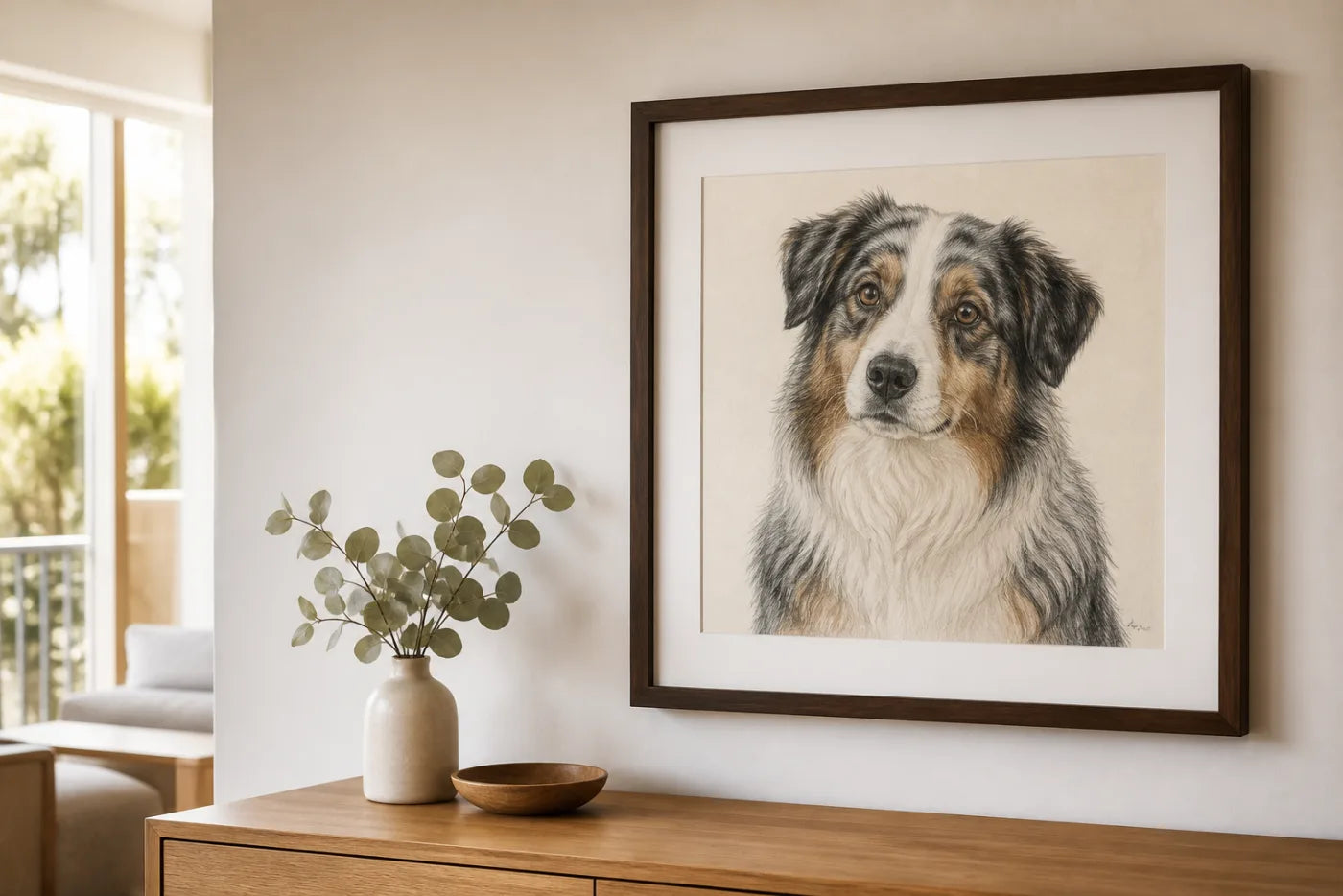 A colour-pencil-style companion portrait shown framed in a living room
