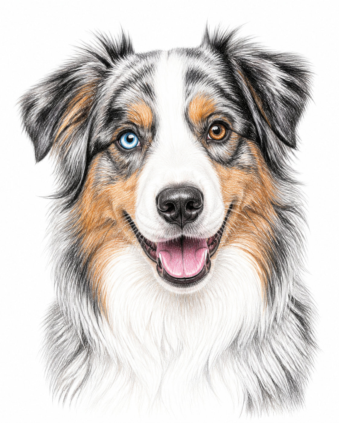 Representative colour-pencil-style portrait of an Australian shepherd