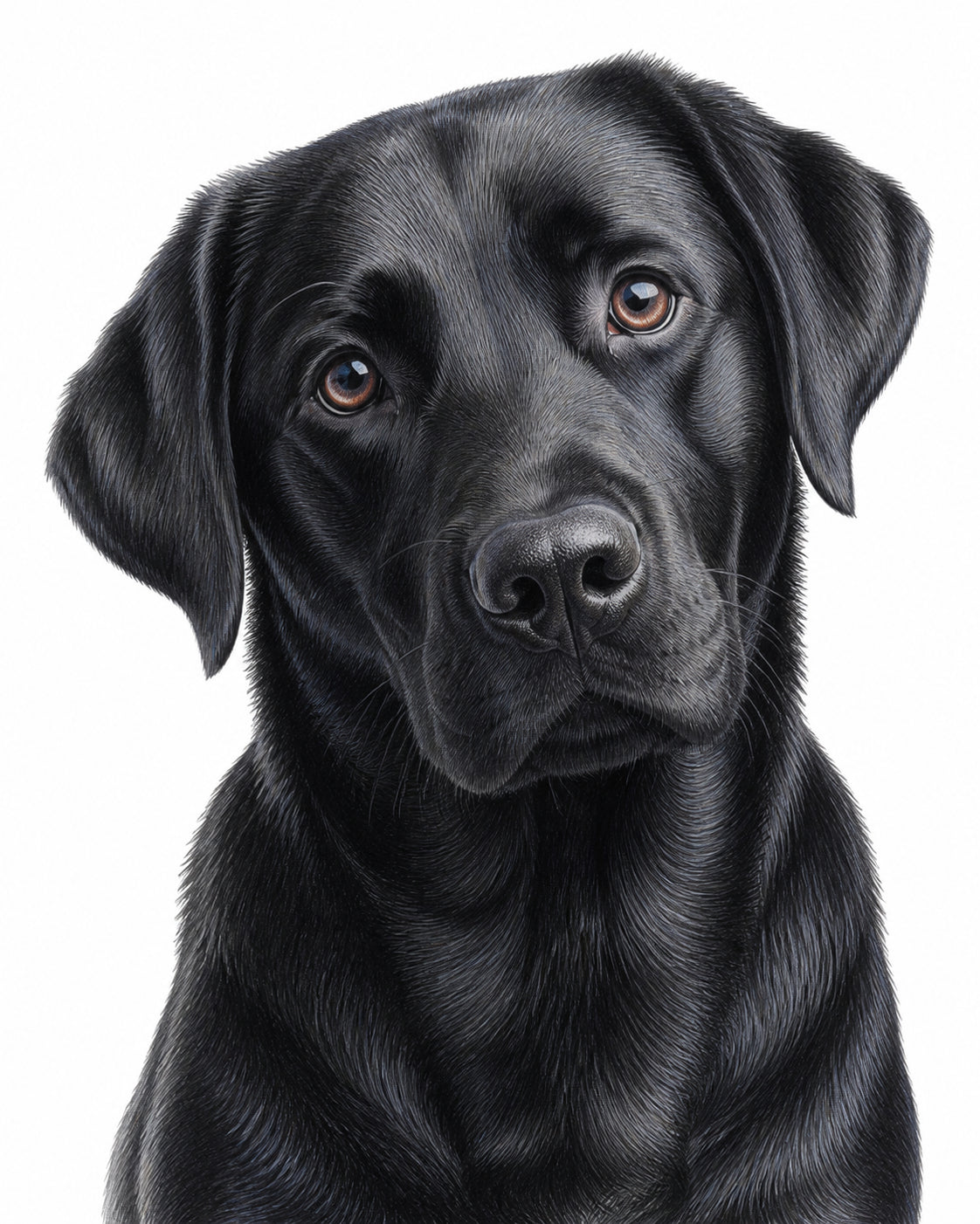 Representative colour-pencil-style portrait of a black Labrador