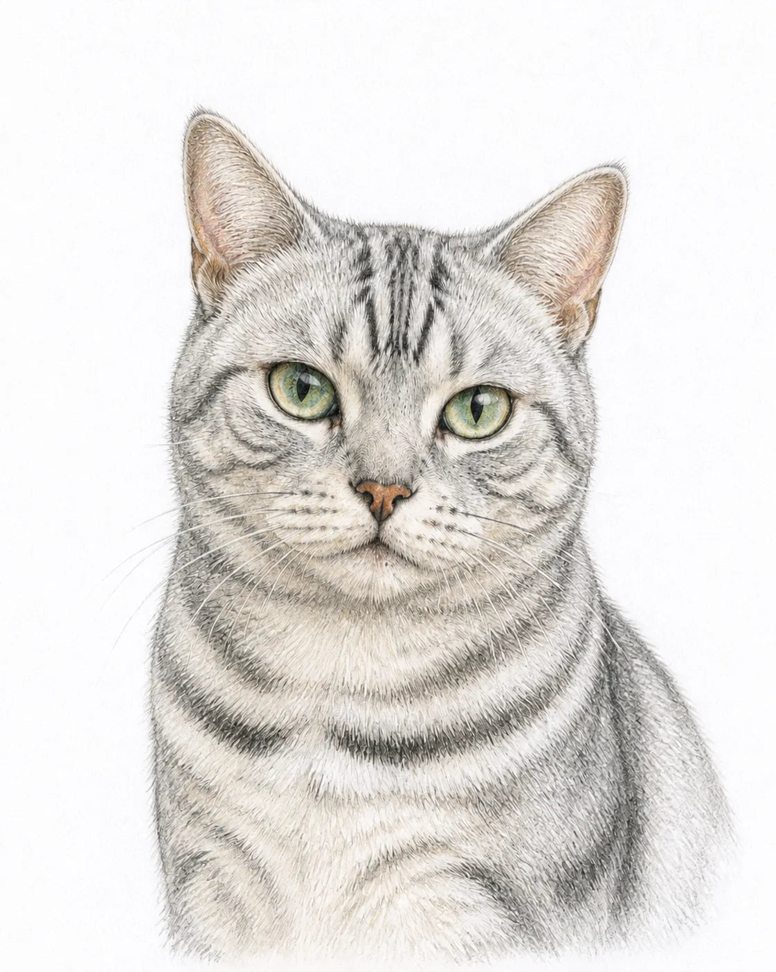 Representative colour-pencil portrait of a silver tabby cat