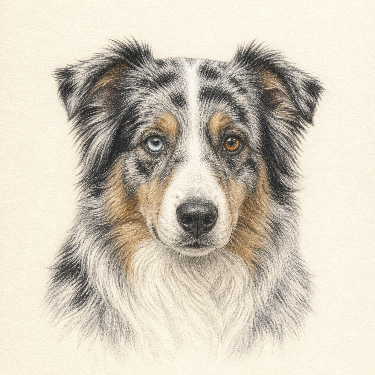 Colour-pencil-style portrait example of an Australian shepherd