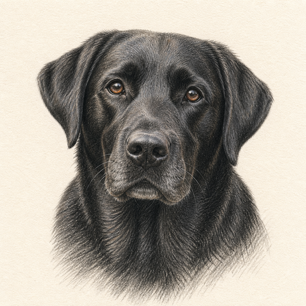 Colour-pencil-style portrait example of a black Labrador