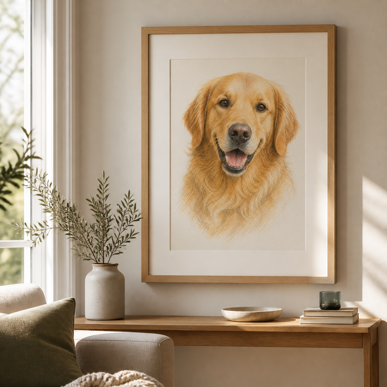 A framed colour-pencil-style golden retriever portrait in a relaxed home setting
